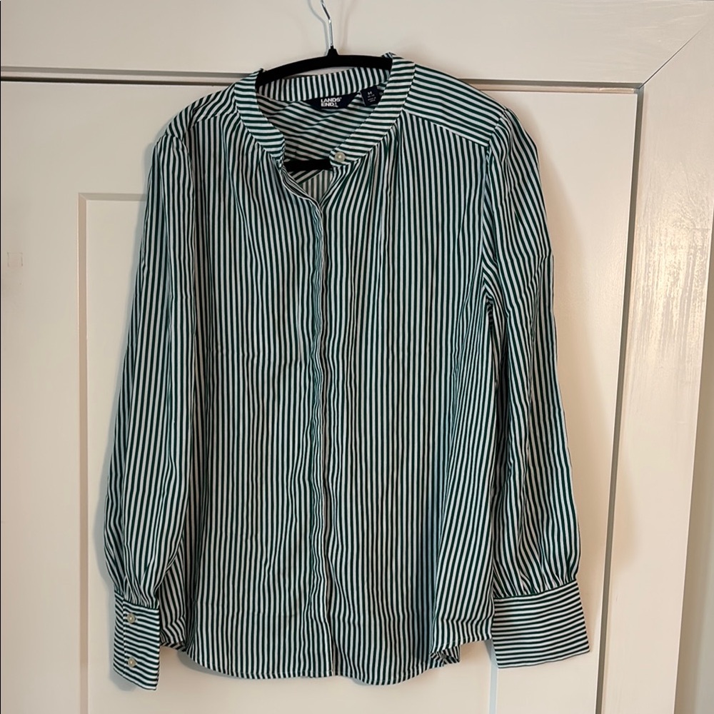 Lands' End Green and White Striped Blouse